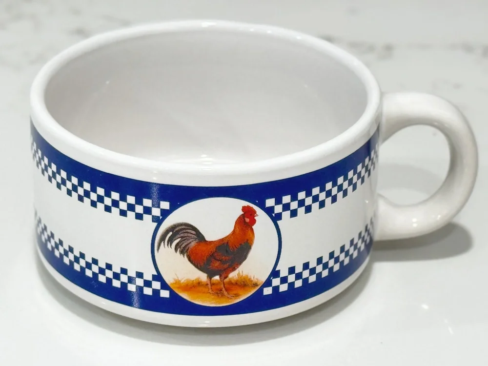 Houston Harvest Rooster Soup Mug Blue Gingham Ceramic Chili Crock Country Kitsch